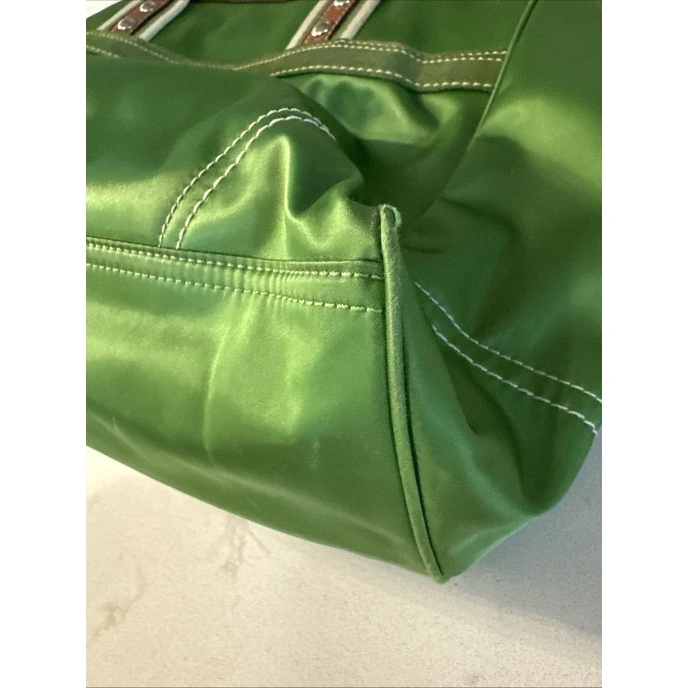 Coach Hampton Green Sateen Nylon Tote Bag Leather Trim Canvas Handles W Charm